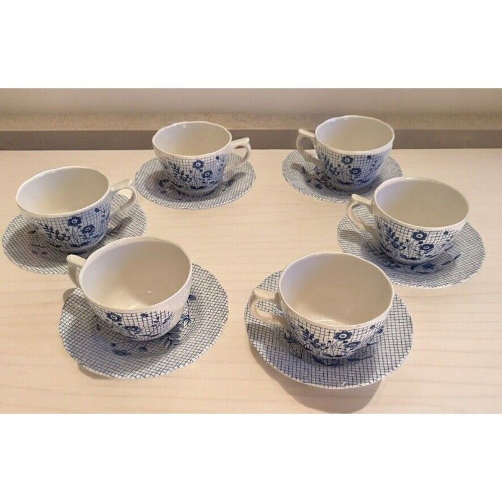 Vintage 6 Ironstone Nikko Blue Floral Check Tea Cup With Scalloped Rim Saucer